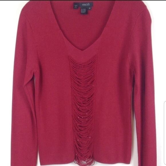 Escio‎ Deep Red Delicately Beaded Detail  Knit Top V-Neck Sweater Size Medium - Picture 4 of 8